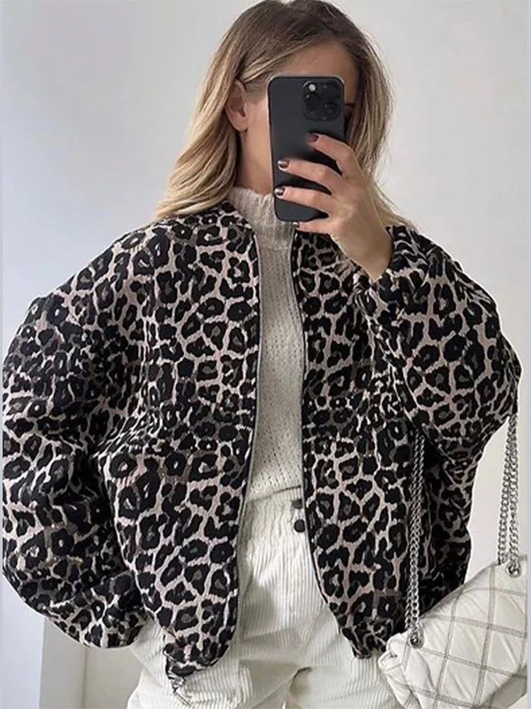 Leopard Printed Jacket Women Turn-down Collar Full Sleeve Zipper