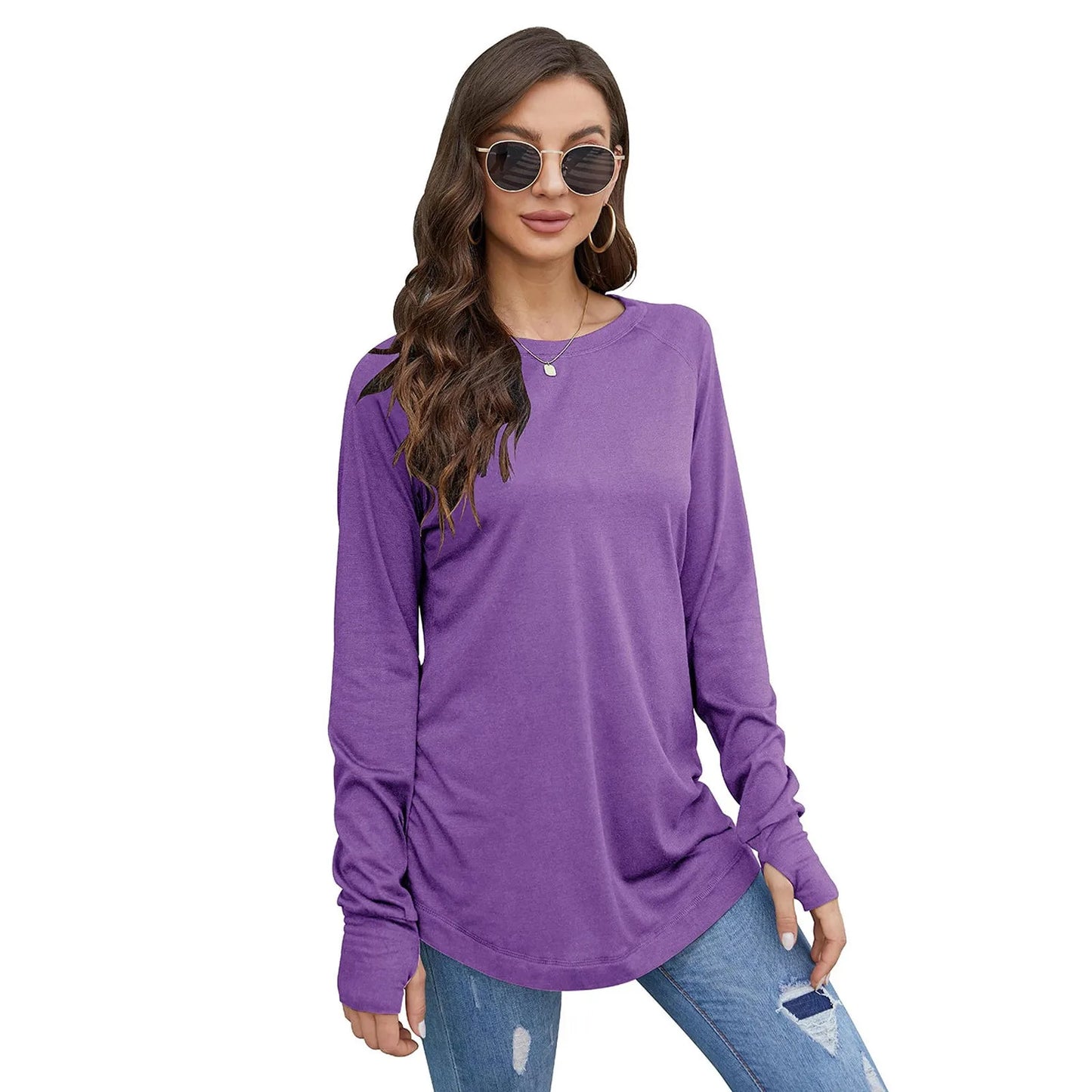 Women's T-Shirt Solid Round Neck Loose Long Sleeve Top