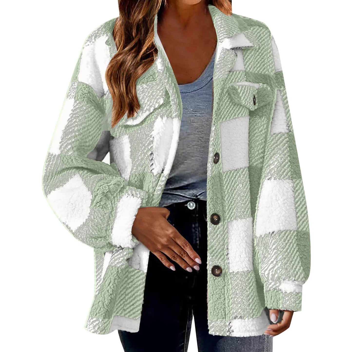 Winter Lady Coat Contrast Color Plush Lined Flannel Jacket