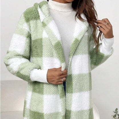 Women Autumn Winter Double Fleece Plaid Cardigan Soft Loose Long Sleeve Plush Warm Hooded Jacket