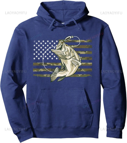 Fishing Camouflage US American Flag Bass Fish Hoodie