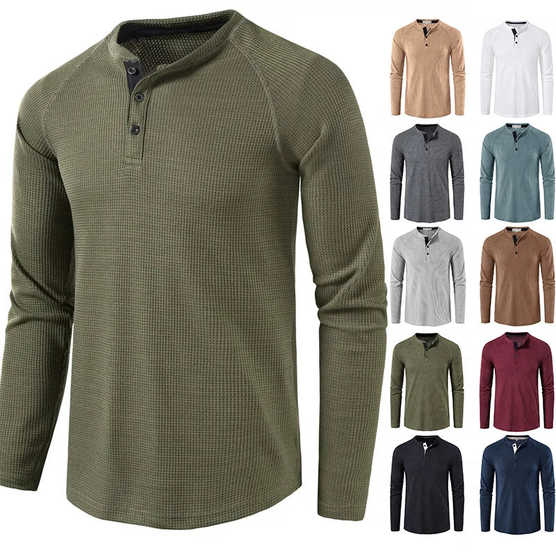 Fashion Waffle Cotton T Shirt Men Slim Fit Long Sleeve Henley