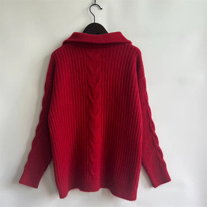 Red Sweater Women Zipper Jacquard Turtleneck Casual Jumper