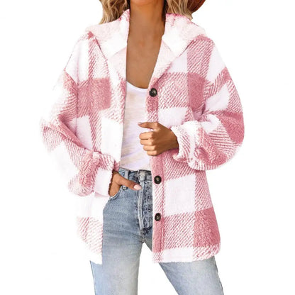 Winter Lady Coat Contrast Color Plush Lined Flannel Jacket