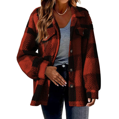 Winter Lady Coat Contrast Color Plush Lined Flannel Jacket